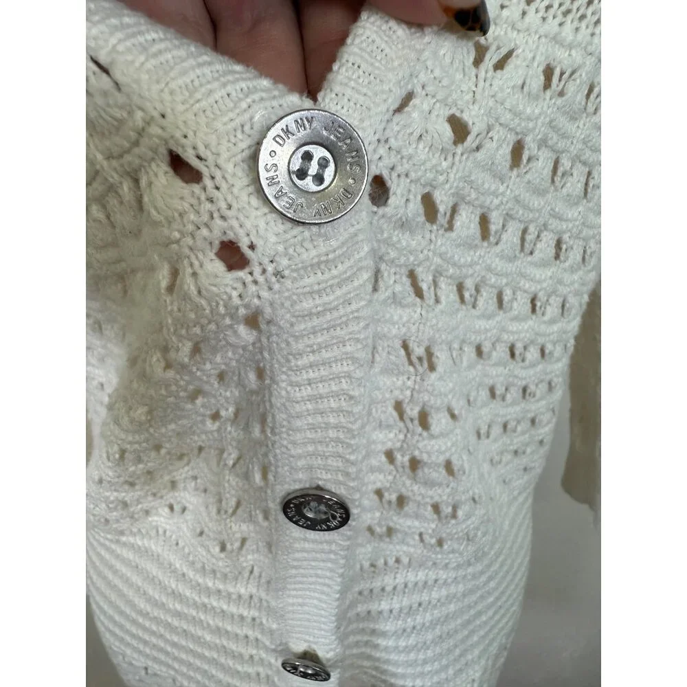 DKNY Women’s Large Cardigan Sweater White Ivory Knit Crochet 3/4 Sleeve cotton
